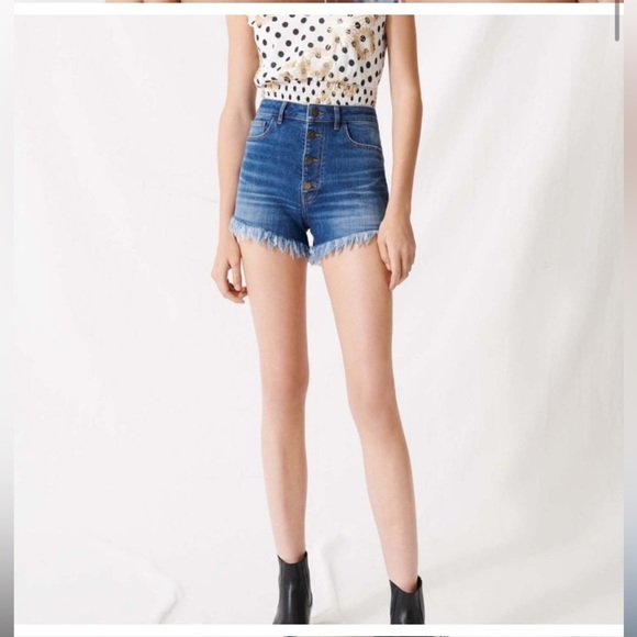 MAJE Fringed High Waisted Denim Shorts Size EU 34 - Picture 2 of 13
